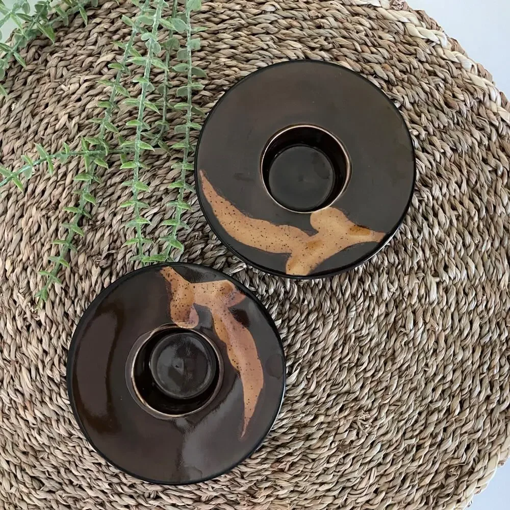 (2) Pier 1 Votive Candle Holder Handpainted Organic Abstract Asian Brown Leaves